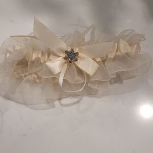 Ivory Ruffled Bridal Garter with Bow and Crystal Accent